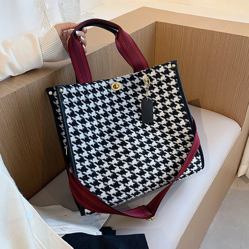 

с доставкой Designer PU Leather Shoulder Bags 2020 Simple Open Handbags Winter Branded Women's Trending Houndstooth Hand Bag